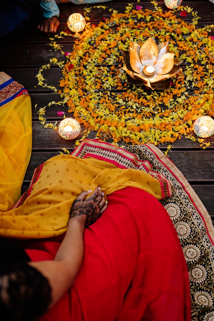Mastering the First Impression: Your intriguing post title goes here Top view of a traditional Diwali celebration with vibrant rangoli and candles.